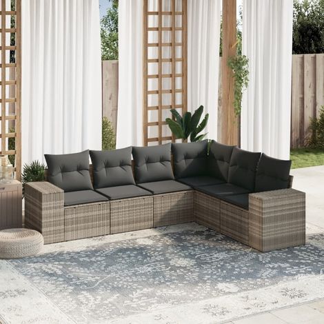 Canapé Jardin 6 Places Modulaire Gris Clair en Résine Tressée avec Coussins et Rangement Intégré (1/3)