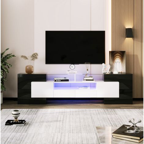 Meuble TV 200x35x60 cm noir et blanc en panneaux de particules avec LED et grands rangements (1/5)