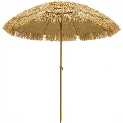Parasol de plage à franges de paille Ø178 cm, inclinable, hauteur réglable, protection UV50+, sac de transport, marron clair (1/5)
