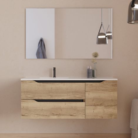 Meuble de salle de bain 120cm avec vasque déportée à gauche et miroir - 2 tiroirs et un placard - madera miel (bois clair) - ZARZA (1/5)