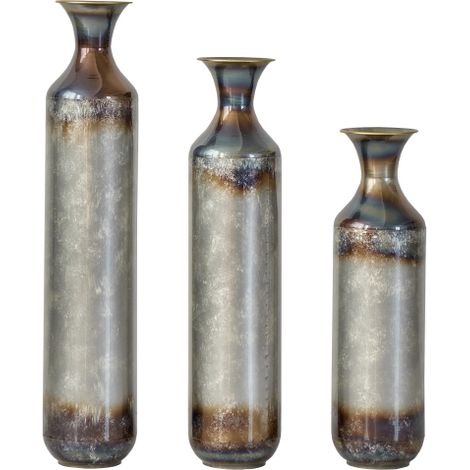 Set di 3 vasi in metallo fatti a mano, design vintage con finitura artigianale bruciata, vasi decorativi per salotto e ingresso, in metallo massiccio, non impermeabili