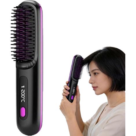 Peine alisador de cabello inalámbrico de cerámica con calefacción, modelo 2026, cepillo de peinado para cabello corto, recargable por USB, 3 niveles de calor y pantalla LED (negro). (1/5)