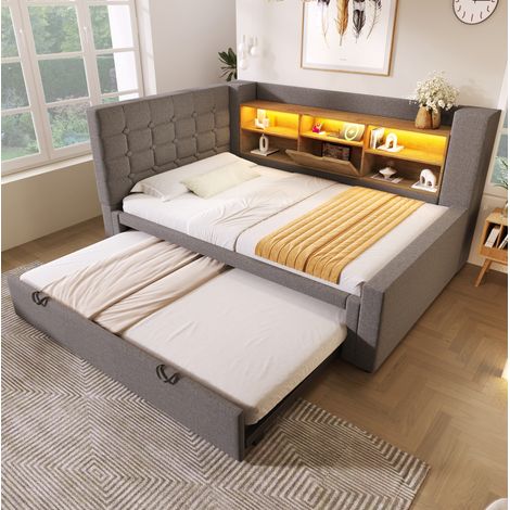 Lit avec rangement en lin et métal gris 90x200 cm avec lit gigogne, LED et ports USB, sommier inclus (1/5)