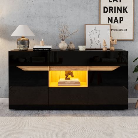 Buffet de salon, 140x40x70 cm, 4 tiroirs, meuble à deux compartiments, sans poignées, meuble d'appoint, pour canapé laqué brillant, LED, noir et bois (1/5)