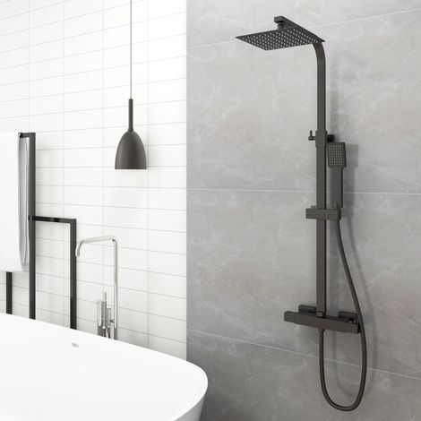 AICA Bathroom Thermostatic Mixer Shower Set Twin Head Exposed Valve 200mm Black Square (1/5)