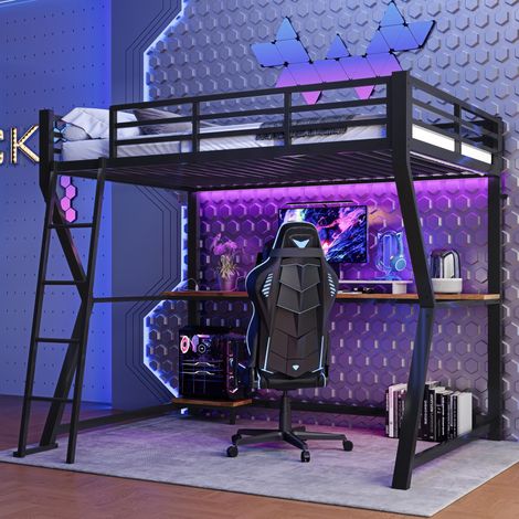 Lit mezzanine 90x200cm avec éclairage LED, étagère pour console d'ordinateur, bureau, prise électrique et port USB, rambarde, escalier, matelas non inclus, noir, garantie 2 ans