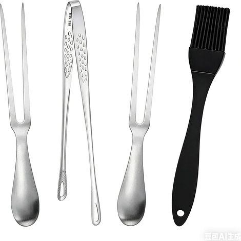 Meat Fork 27cm with Kitchen Tongs and Silicone Brush - Stainless Steel Utensil Set for Kitchen and BBQ (1/5)