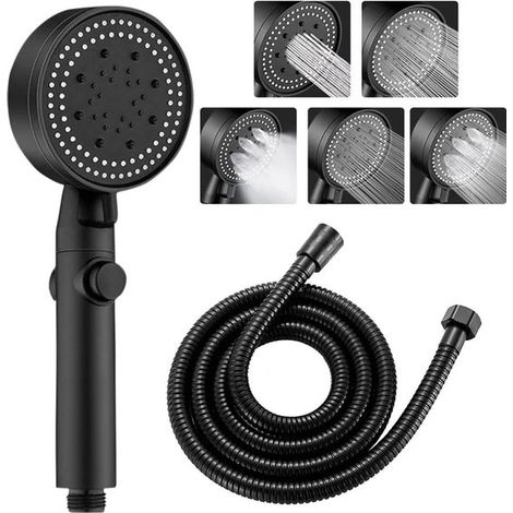Cabezal de ducha de alta presión, ducha de mano, 5 funciones, cabezal de ducha ahorrador de agua con botón de parada, cabezal de ducha negro (1/5)