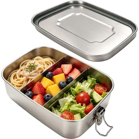 Bento Box en Acier Inoxydable 304, Lunch Box Hermétique avec 2 Compartiments Amovibles pour Enfants et Adultes, Boite Repas Alimentaire Inox - 16.5x12.7x6.3cm pour École, Bureau et Pique-nique (1/5)