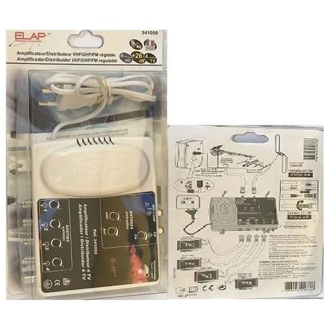 Amplificateur TNT 2 entrées (UHF/FM/VHF)/ 4 sorties REGLABLEs REF 341050 ELAP HDME