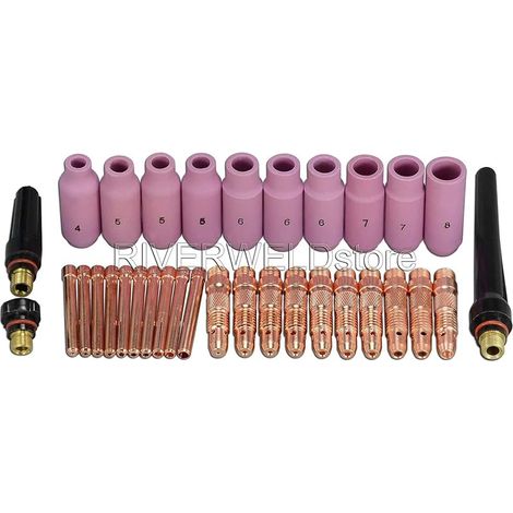 33pcs Corps de pince TIG 10N30 (Ø1,0 mm) 10N31 (Ø1,6 mm) Buse en alumine 10N504 10N495 10N486 10N477 Capuchon arrière 57Y02 57Y03 57Y04 Kit de tailles assorties pour DB SR WP-17 18 26 (1/5)
