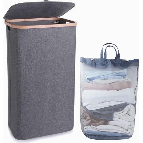 Laundry Hamper with Lid Gray 110L Laundry Hamper Fabric Laundry Hamper with Bamboo Handles for Clothes Dorm Room (1/5)