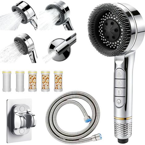 Pommeau Douche Haute Pression, Pommeau de Douche avec 5 Filtre, Douchette Douche Salle De Bain, Douches à main, Pommeau de Duche 4 Modes, Tuyau 1.5M, Shower Head avec Bouton D'arrêt D'eau (1/5)