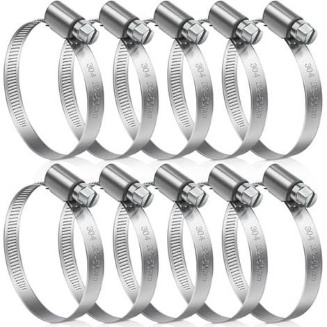 Packung mit 10 verstellbaren Schlauchschellen aus Edelstahl 304, 32 bis 50 mm, für Rohre und Abflüsse – Stk 32-50mm (1/5)