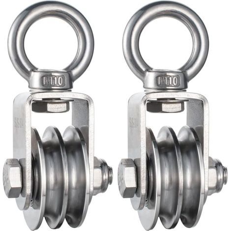 Poulie double à câble robuste en acier inoxydable avec roulements internes, poulie simple pivotante pour systèmes de levage à poulie, capacité de 1100 lb, (2 paquet) (1/4)