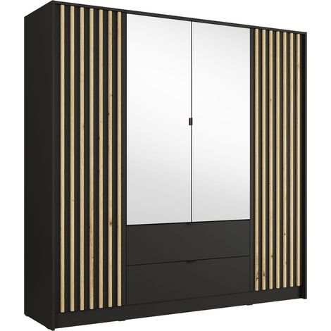 Armoire TORVIK 4 portes avec miroirs, tiroirs et tasseaux noir et chêne 200 cm