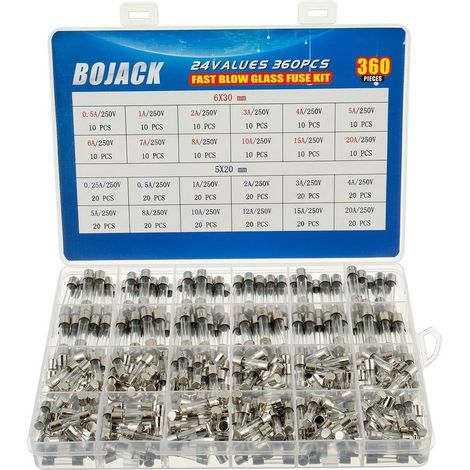 24 Values, 360 Pieces, Fast-Blow Glass Fuse Assortment Kit, 250V, 5x20mm, 6x30mm, 0.25, 0.5, 1, 2, 3, 4, 5, 6, 7, 8, 10, 12, 15, 20A. Packaged in a clear plastic box. (1/5)