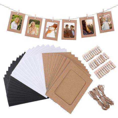 VORCOOL Kit de 30 cadres photo en papier kraft à monter soi-même, avec 30 pinces et 3 cordes en chanvre, pour photos 11,4 x 15,2 cm. Décoration murale incluse.-15.30X11.20X0.10CM