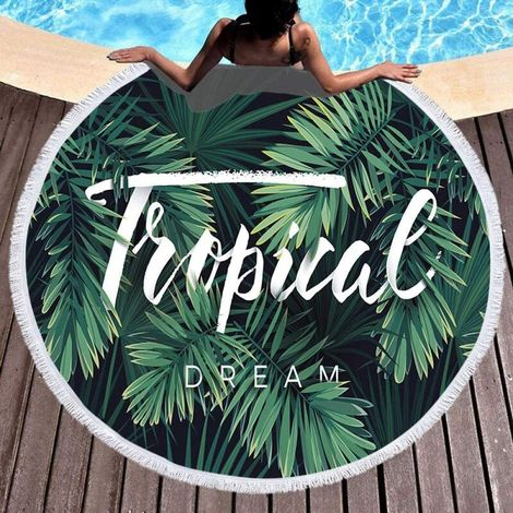 Telo mare rotondo e spesso 150 x 150 cm, realizzato in microfibra con frange di cotone, stampato con foglie tropicali, ampio, spesso e resistente alla sabbia, ideale come coperta da picnic o tovaglia. (1/4)