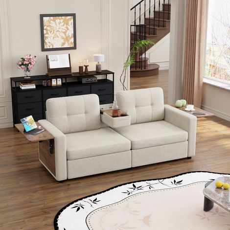 Canapé droit 2 places en chenille 178 x 71 cm avec rangement intégré, tablette rabattable, porte-gobelets et assise réglable - Beige (1/5)