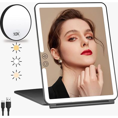 Miroir de maquillage grossissant x10 avec lumière, lampe LED rechargeable USB 1500 mAh, miroir de voyage tactile (noir) (1/4)