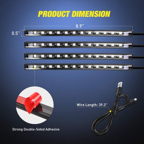 Kit d'éclairage musical pour voiture avec 48 LED multicolores 5 V CC, comprenant un éclairage de tableau de bord, la commande vocale et une télécommande sans fil, ainsi qu'un ensemble de 4 lampes inté (1/5)