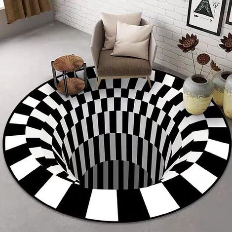 Tapis de sol rond en polyester, effet 3D, envers antidérapant, idéal pour le salon ou la chambre, diamètre 80 cm, coloris noir et blanc. (1/5)