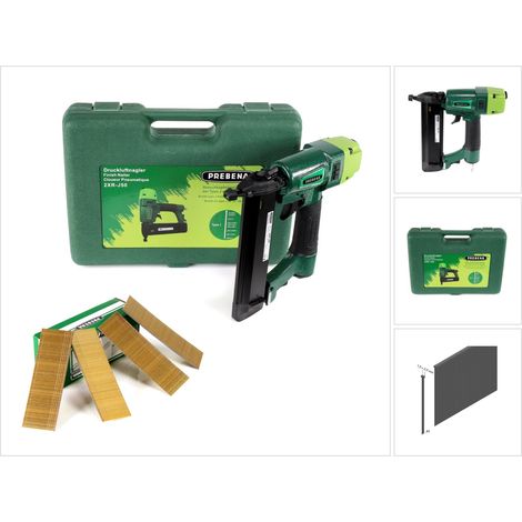 Prebena 2XR-J50 Clavadora neumática en maletín de transporte + Prebena Clavos de cabeza plana Brads 40 mm 5000 unidades - de acero galvanizado, resinados (1/5)