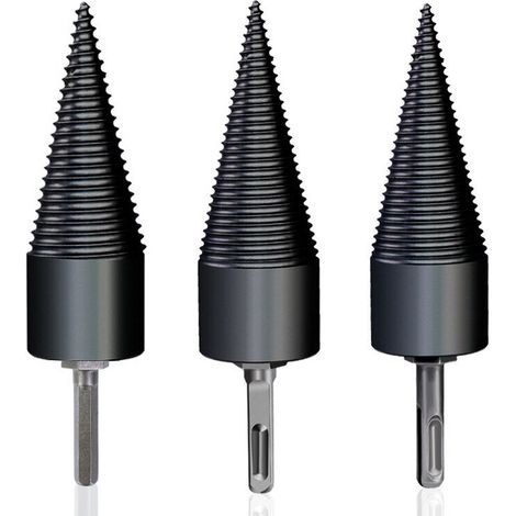 QAZQA Foret de Fendage de Bois, Foret Conique, Foret À Bois pour Fendre du Bois 32mm, Durable Outil De Broyage De Bois De Cône De Vis De Fendage avec 3 Poignées de Forage, Carré/Rond/Hexagonal (1/5)