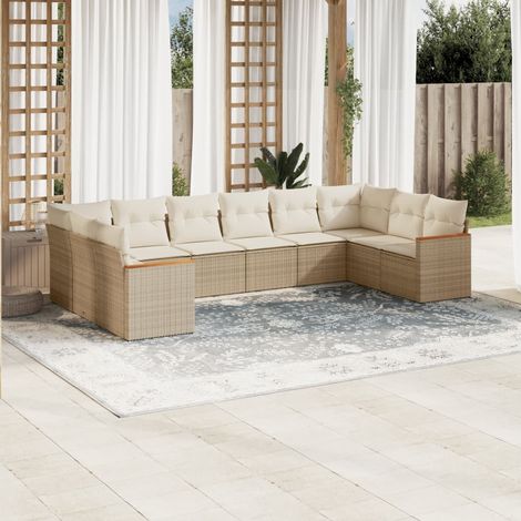 Ensemble Salon Jardin 10 Places Résine Tressée Beige avec Coussins Lavables - Meuble Extérieur Modulaire (1/4)