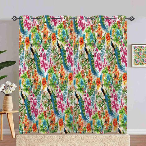 Rideau Occultant Coloré Fleur Paon Plume Rideau Thermique Isolant Draperies Intérieurs Tenture Opaque à Oeillets pour Maison Chambre Salon Fenetre 2 Pièces L 140 x H 240 cm - 140L X 240H cm (2 Panneau (1/5)