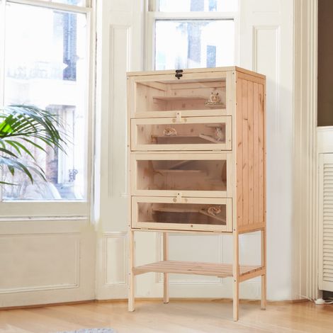 Jaula para hámster de madera maciza con techo abatible, 4 estantes conectados y rampas, 60 x 40 x 120 cm.