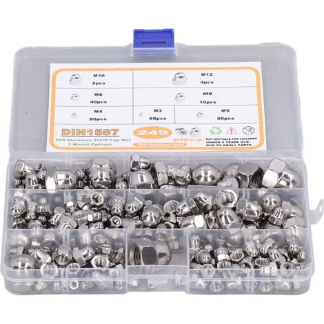 Acorn 249-piece Hex Cap Nut Assortment Kit M3-M12 DIN1587 304 Bright Finish Stainless Steel (1/5)