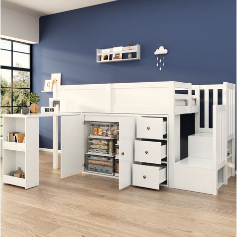 Letto a soppalco per bambini in MDF bianco, 90x200 cm, con scrivania allungabile, armadio, cassetto, ripiano e scaletta contenitore. (1/5)