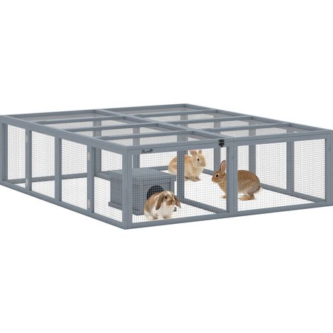 Freigehege aus Holz für Zwergkaninchen mit Unterstand und 2 Türen, 180 x 150 x 48 cm, ideal für 2–4 Kleintiere, grau