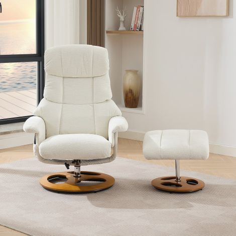 Fauteuil de détente confortable — Doté de fonctions de massage et de chauffage, d'un dossier et d'un repose-pieds réglables, ainsi que d'une rotation à 360° — Tissu chenille blanc (1/3)