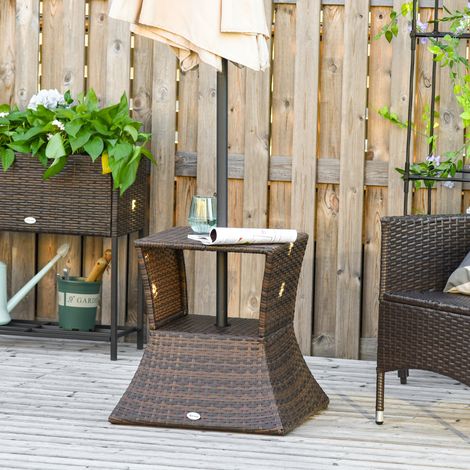 Table de jardin, table d'appoint, support de parasol, mobilier de jardin, terrasse, polyrotin, marron, 54 x 54 x 55 cm (1/5)