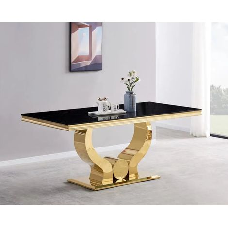 Homy France – Table à manger 4 à 6 personnes – Verre trempé marbré noir 150x90x75 cm – Pied central en acier doré – Design moderne haut de gamme