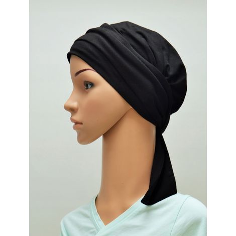 Turbante Lara, un pañuelo negro suave para la cabeza, de bambú, también para uso posterior a la quimioterapia. (1/4)
