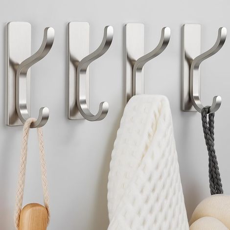 4 Pack Self Adhesive Hooks for Hanging: Heavy Duty Stick On Hooks (15lb Capacity), Coat Hooks, Bathroom Towel Hooks, Over Door Hooks, Kitchen Hooks (1/5)