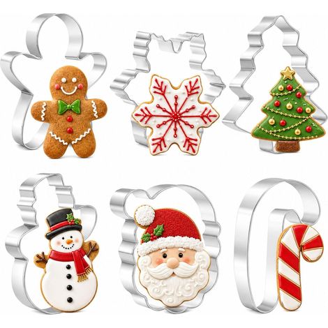 Christmas Cookie Cutters Set of 6 Large Size - Christmas Tree, Snowflake, Gingerbread Man, Snowman, Santa Head and Candy Cane - 6 Christmas Cookie Cutters (1/5)