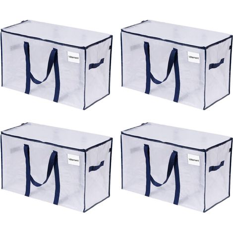 102L Lot de 4 Sac Déménagement grand avec Couvercle et Poignées Renforcées, Sac de Rangement Vêtement Résistant,   (Transparent, Lot de 4)