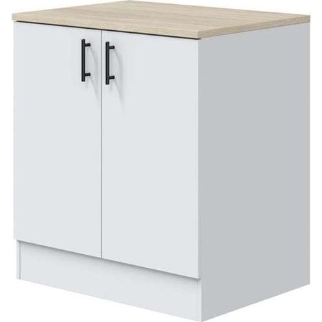 Mueble bajo fregadero para cocina 2 puertas Kira en blanco brillo, encimera roble canadian. 90cm(alto) 80cm(ancho) 60cm(largo) (1/5)
