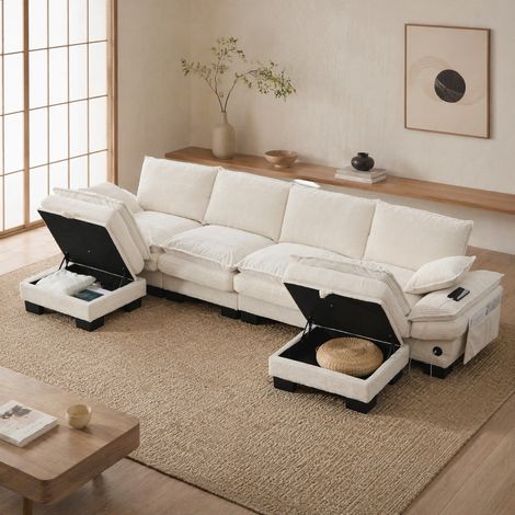 Sofá modular de 4 plazas en pana beige con 2 pufs, USB-C y bolsillos laterales (1/5)