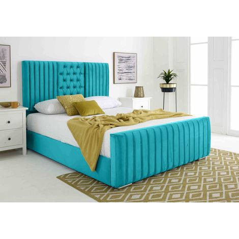 Gracie Teal Plush Velvet Matching Buttons Single Bed Frame (1/2)