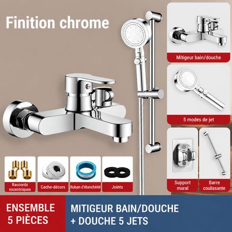 Ensemble mitigeur de douche mural à ouverture latérale avec douchette 5 jets stop et barre réglable réf 5847 27 × 15,5 × 11,7 cm 2 kg – Livraison gratuite