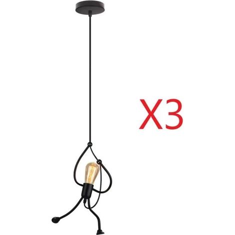 U-do Lot de 3 Lustre Suspension Industrielle Loft- Forme de stickman - Noir (1/4)