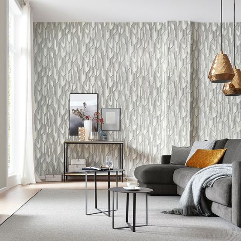 Papier peint géométrique argent moderne | Tapisserie grise argent tendance salon | Papier peint intissé graphique bureau & chambre (1/3)
