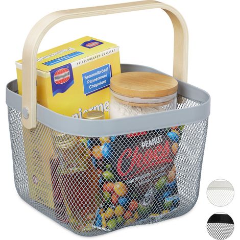 Relaxdays Storage Basket, with Handle, Clothes, Deco, Steel & Wood, Utensil Basket, HBT: 17.5  x 26 x 24.5 cm, Grey