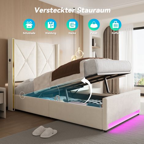 Lit à velours avec tête de lit rembourrée matelassée, poches latérales, USB et LED, système hydraulique et grand rangement sous lit – allie design, confort et praticité. 90x200 cm (1/5)